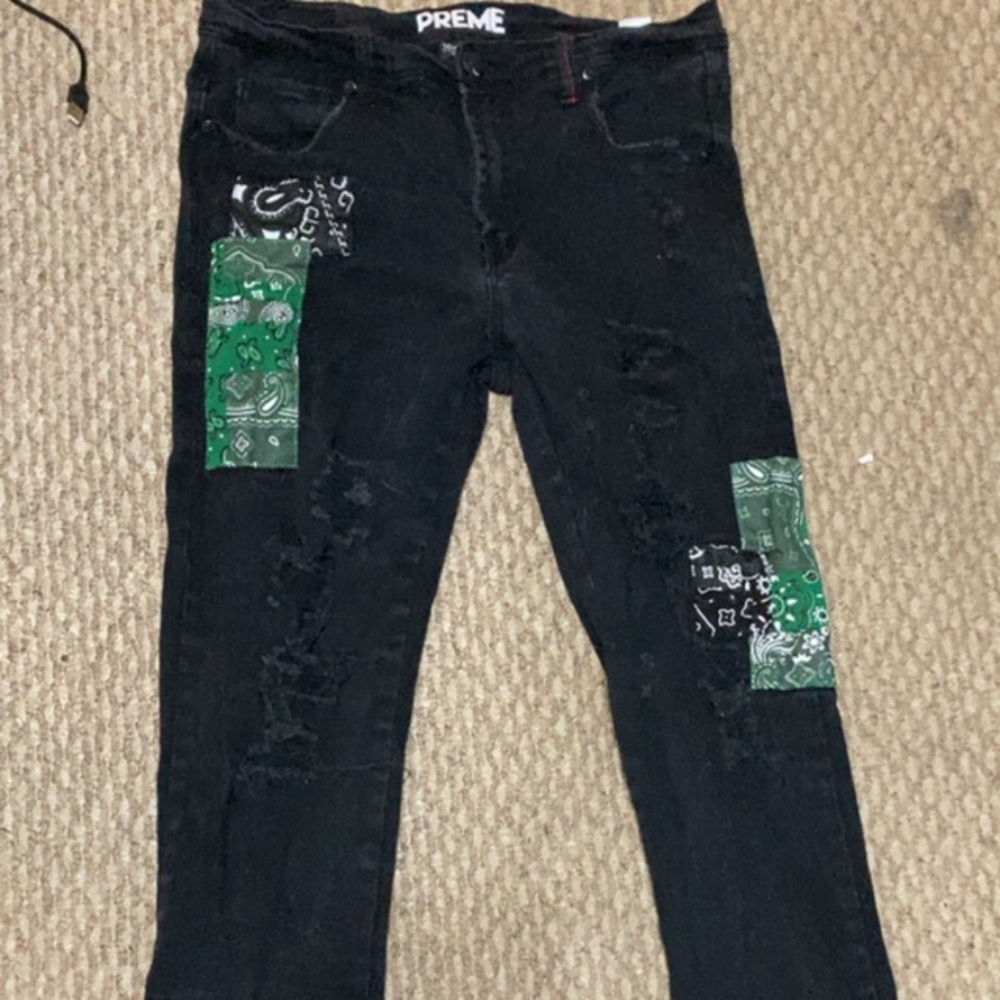 Men’s black preme jeans with green bandana patchwork